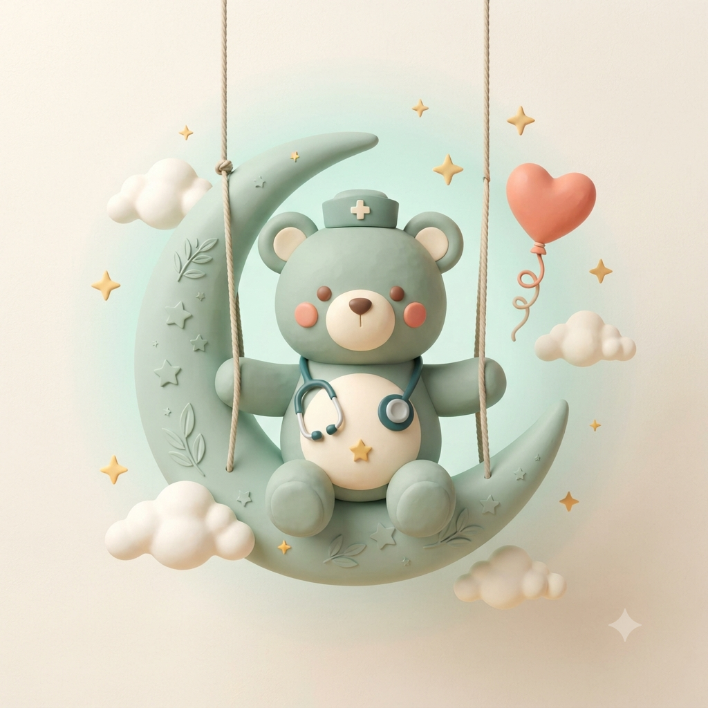 Illustration : ourson docteur assis sur un croissant de lune